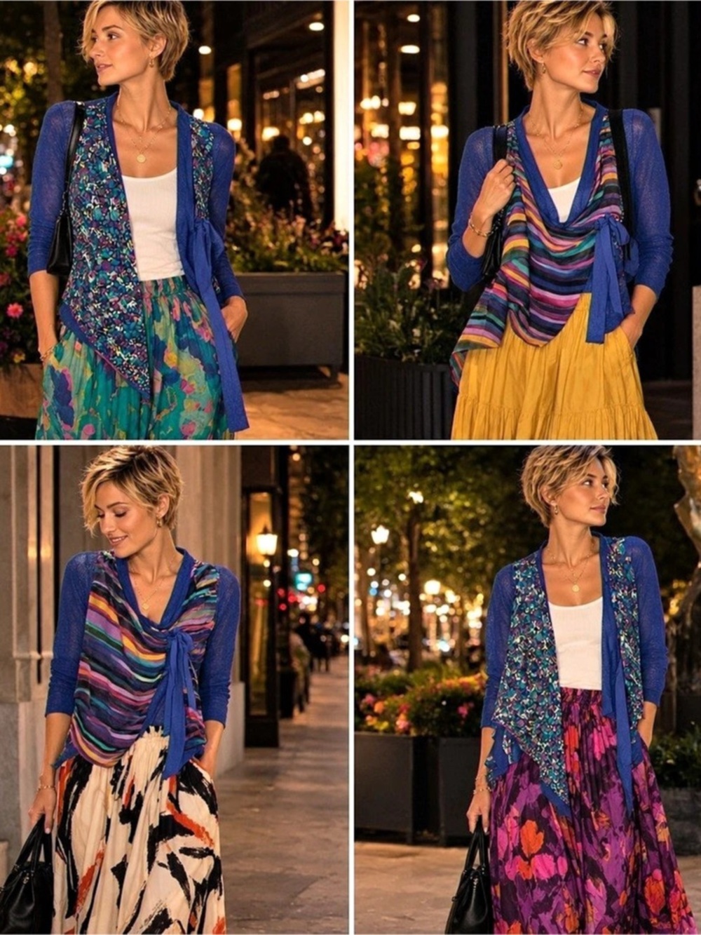 Neiman Marcus Reversible Silk Panel Blue Floral Stripe Open Cardigan Vintage Y2K